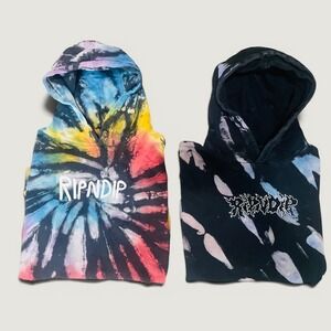 RIPNDIP Hoodie Lot Mens M Rainbow Tie Dye Black Bleach Wash 2 Piece Streetwear